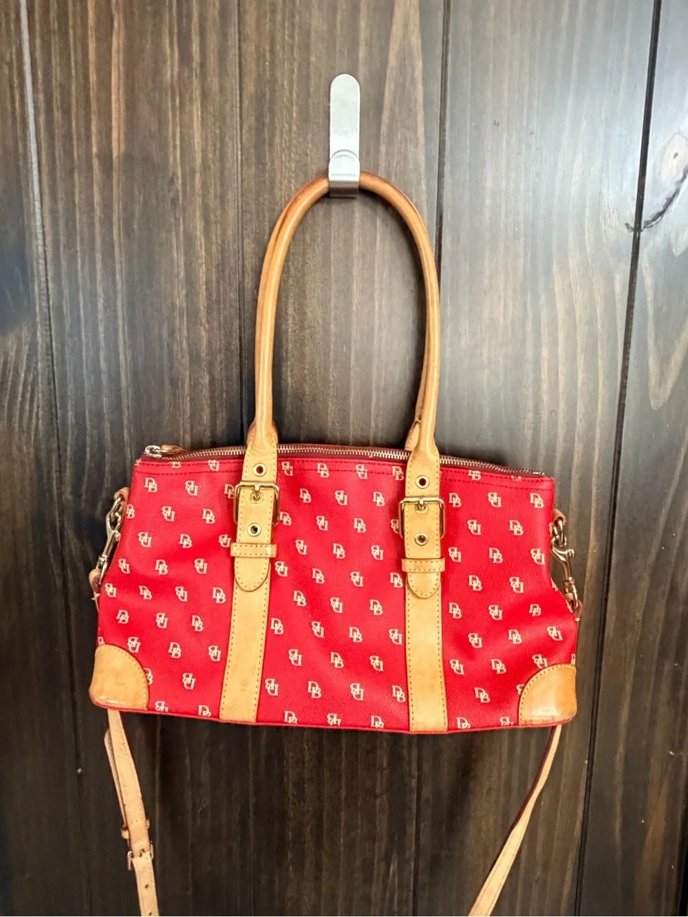 Dooney & Bourke Red Logo Canvas Shoulder Bag w/ Tan Leather Trim crossbody strap - Picture 3 of 13